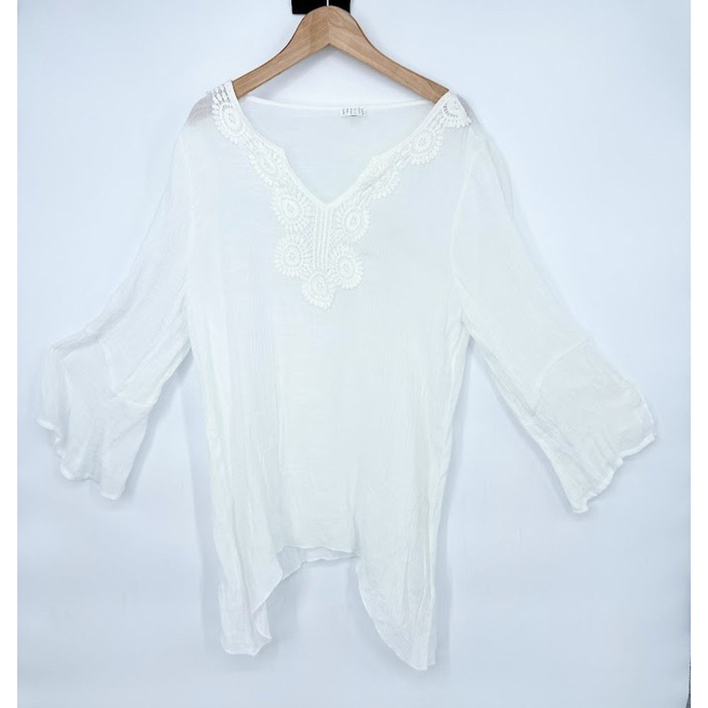 Spense White Gauzy Tunic Top Size M Flowy Asymmetric Beachy Boho CoverUp Resort